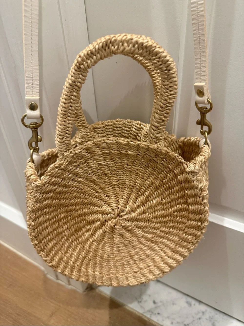 Clare V. Petite Alice Straw Round Crossbody Bag with White Strap - Picture 2 of 4